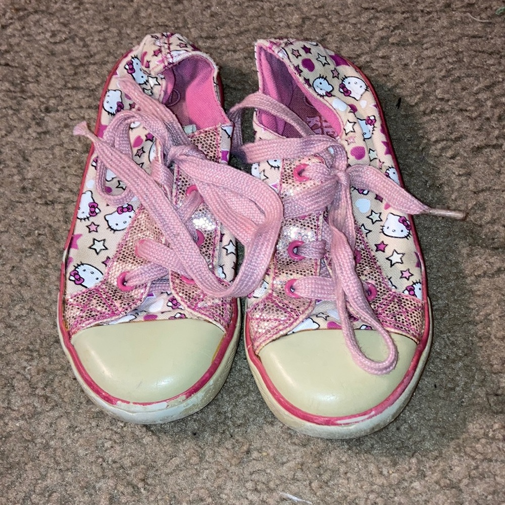 Hello Kitty sneakers size 11 worn but still good, laces as is
